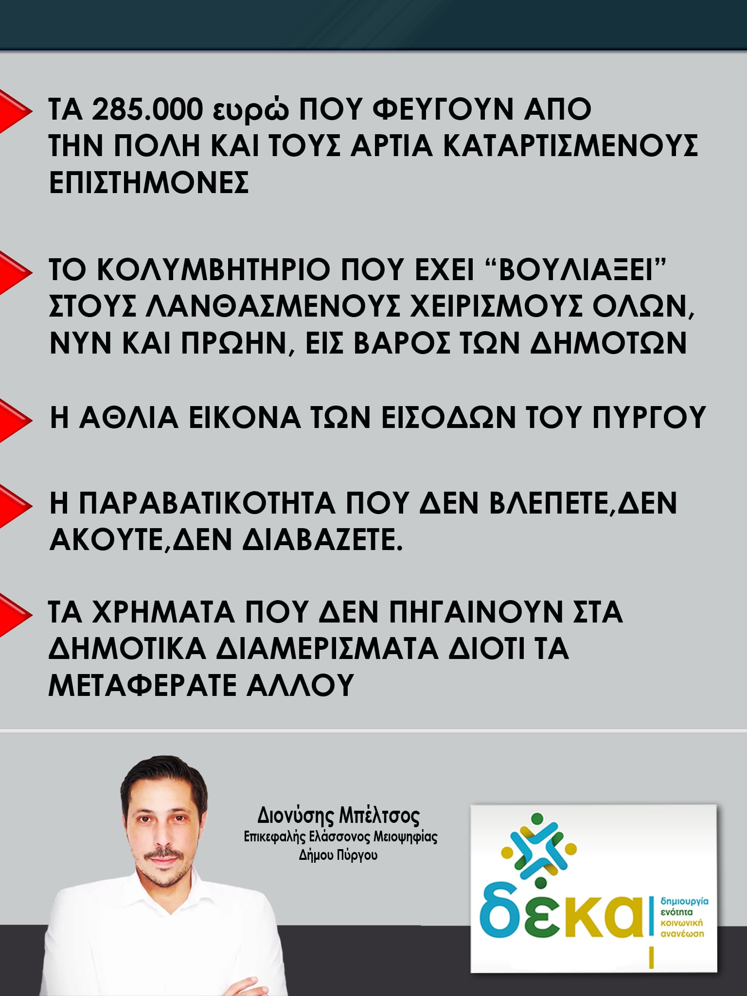 ΔΕΚΑ :Η Δημοτική αρχή συνεχίζει την αρνητική της πορεία