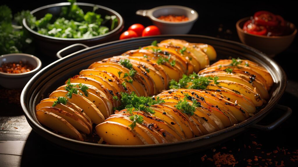 Baked potatoes with herbs and spices on a dark background. Selective focus.