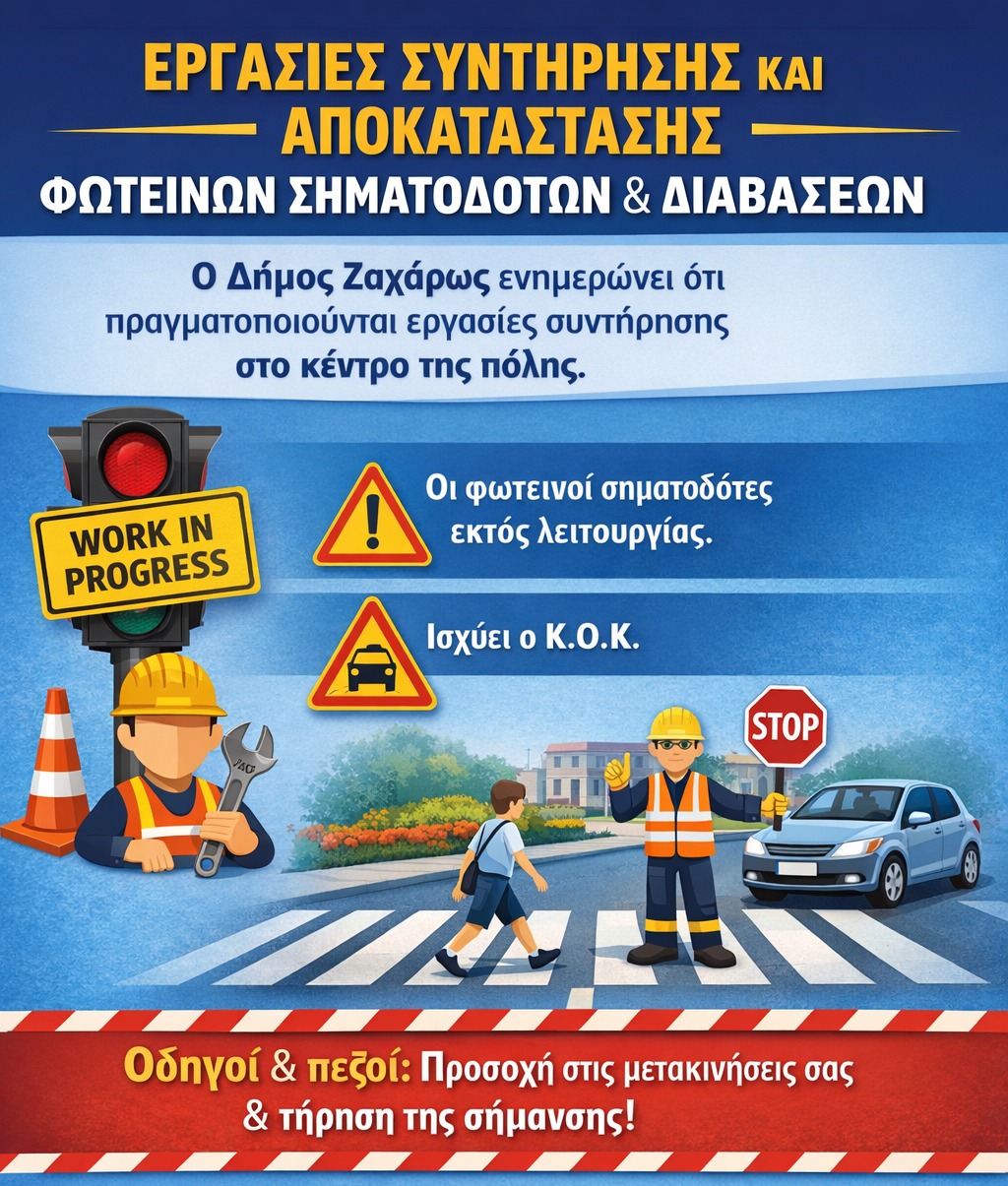 Δήμος Ζαχάρως: Εργασίες Συντήρησης και Αποκατάστασης Φωτεινών Σηματοδοτών και Διαβάσεων