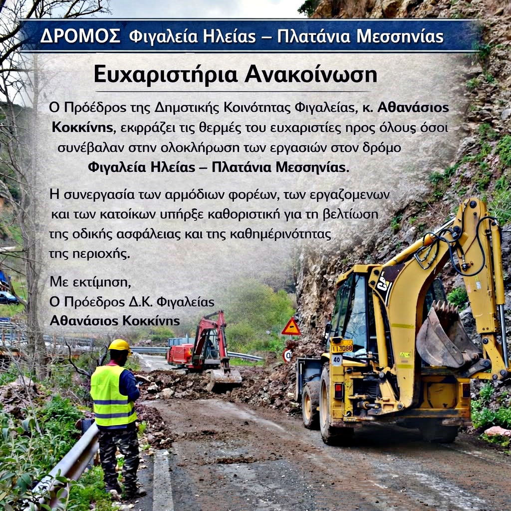 Ευχαριστήρια ανακοίνωση της Δ.Κ. Φιγαλείας για τη συνεργασία Π.Ε Μεσσηνίας-Π.Ε Ηλείας για τη διάνοιξη της οδού Φιγαλεία-Πλατάνια