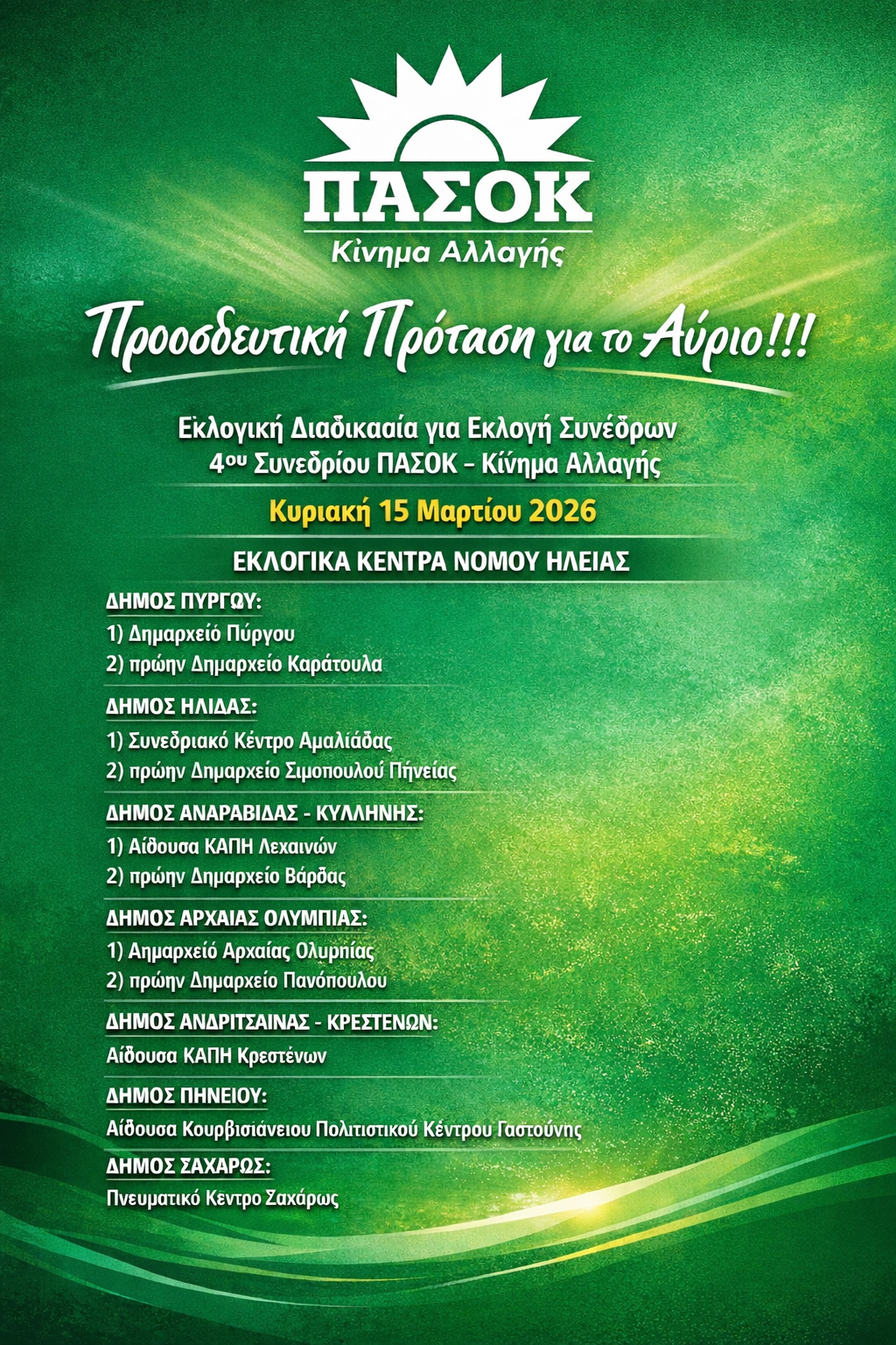 ΠΑΣΟΚ Ηλείας: Οι υποψήφιοι σύνεδροι και τα 11 εκλογικά κέντρα για το 4ο Συνέδριο