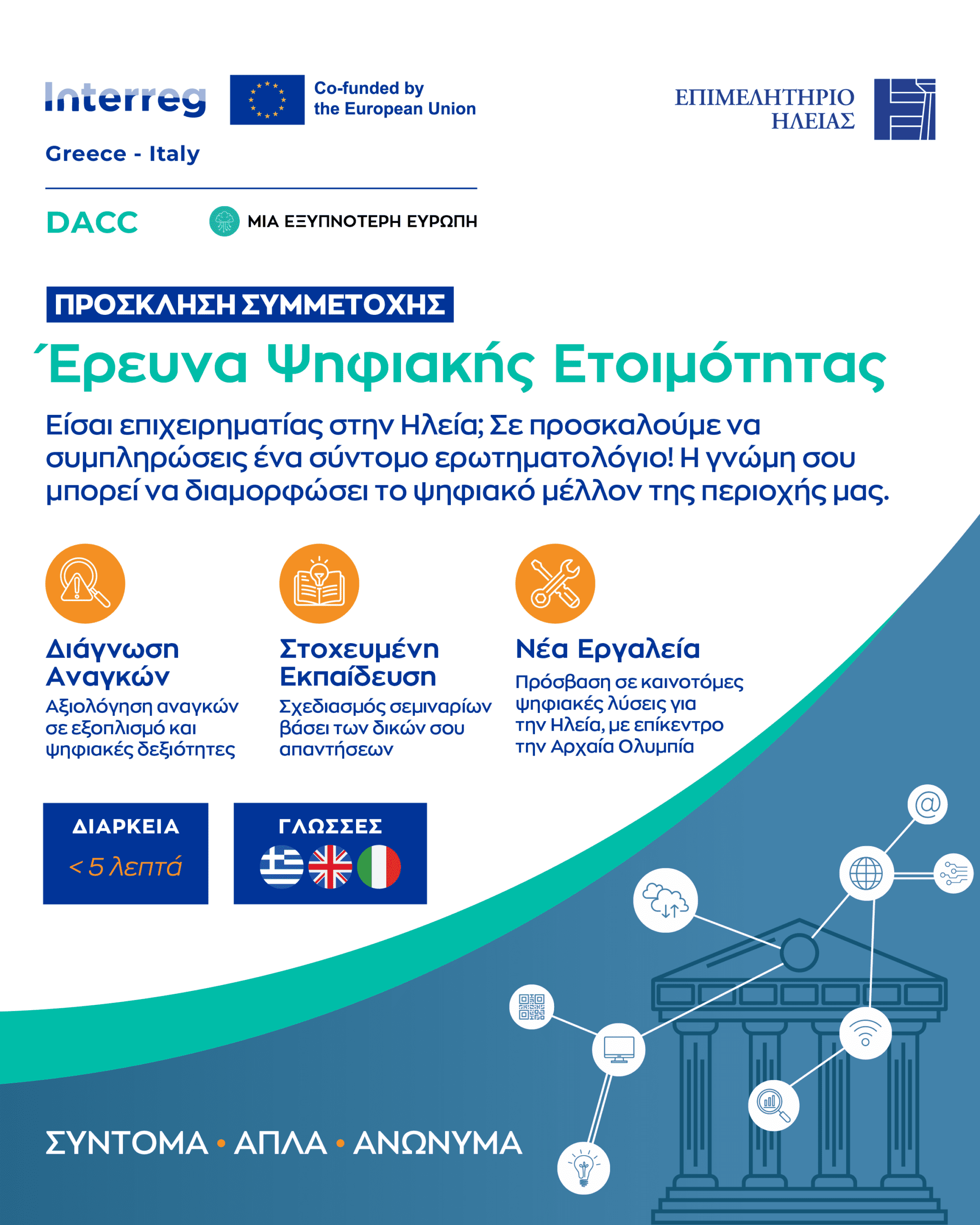 Το Επιμελητήριο Ηλείας καλεί τις επιχειρήσεις-μέλη του να συμμετάσχουν στην έρευνα ψηφιακής ετοιμότητας του ευρωπαϊκού έργου DACC