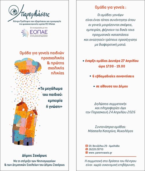 Παρεμβάσεις: Ομάδα για γονείς παιδιών προσχολικής & πρώτης σχολικής ηλικίας