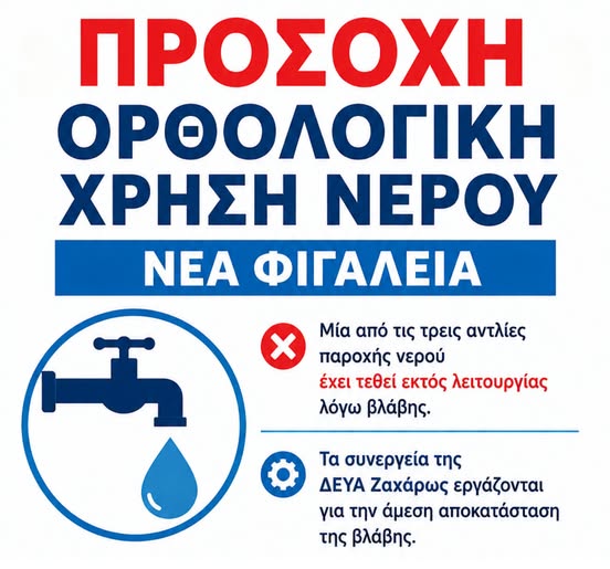 Ζαχάρω: Συστήνεται ορθολογική χρήση του νερού λόγω βλάβης