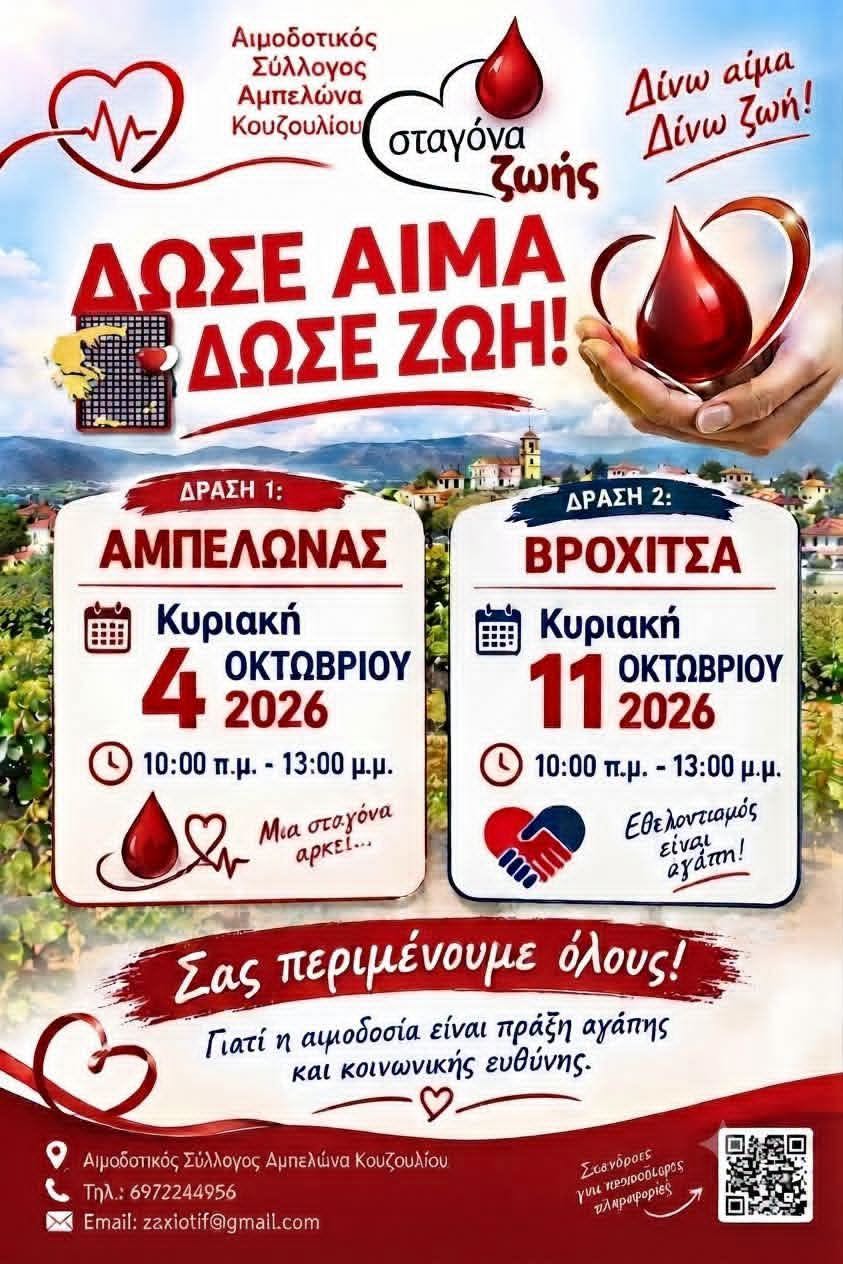 Διπλή εθελοντική αιμοδοσία από τον Αιμοδοτικό Σύλλογο Αμπελώνα Κουζουλίου